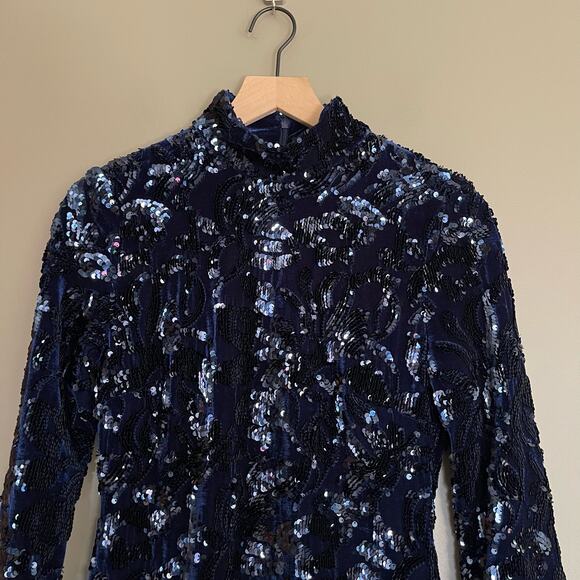 Alexis Rhapsody Dress Navy Blue Velvet Sequin Size Medium Turtleneck Mini Sexy - Picture 8 of 16